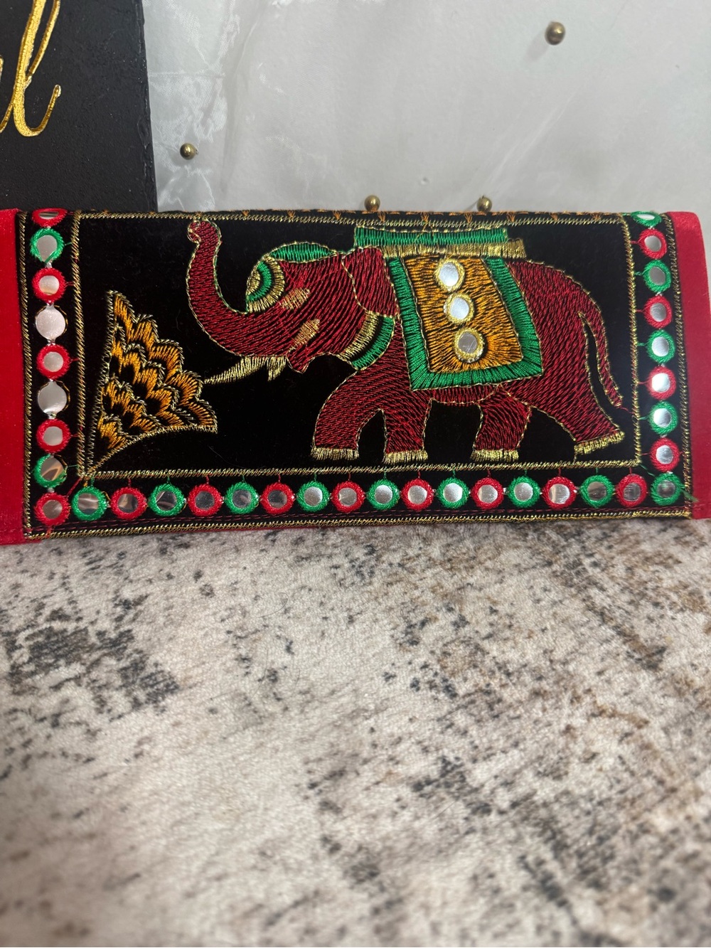 Embroidered Elephant Clutch Wallet - Black & Red
